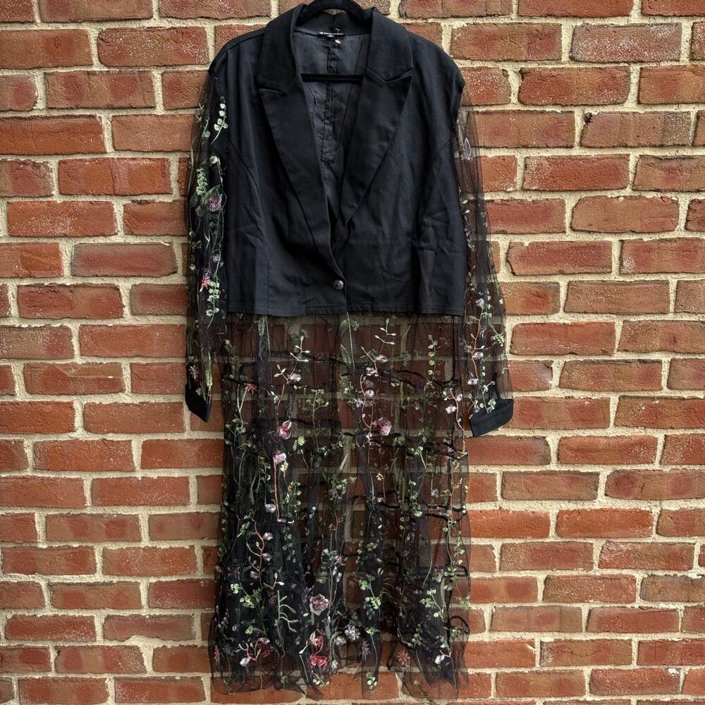 Pyramid Collection Floral Embroidered Mesh Duster Black jacket Boho 2X NEW